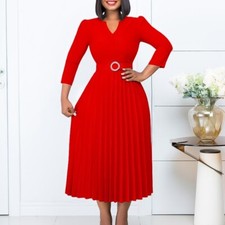 Women's Fall Casual 3/4 Sleeve V-Neck Swing Dress Elegant Midi Party Dresses