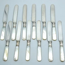 Set of 12 Silver Collared Mother of Pearl Handled Breakfast Knives ~8"