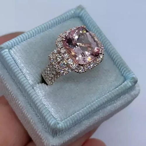 3Ct Cushion Cut Lab-Created Morganite Halo Engagement Ring 14K Rose Gold Plated - Picture 2 of 7