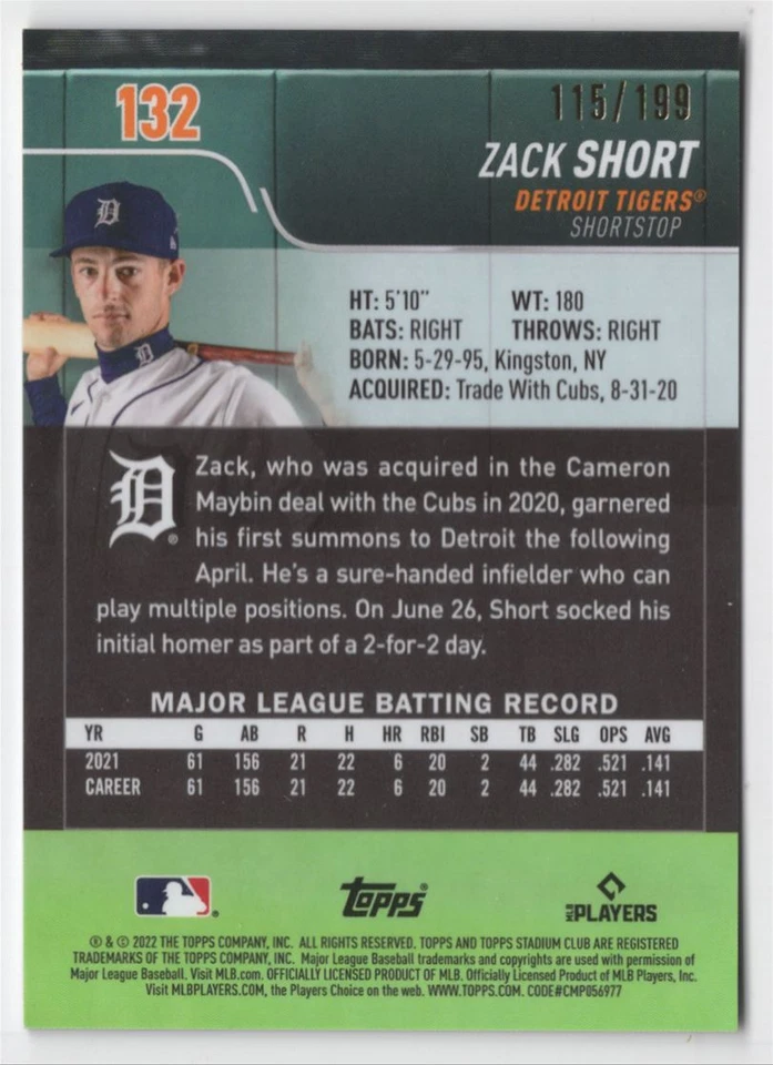 2022 Stadium Club Chrome Blue Refractor Zack Short 115/199 Detroit Tigers #132 - Image 2 of 2