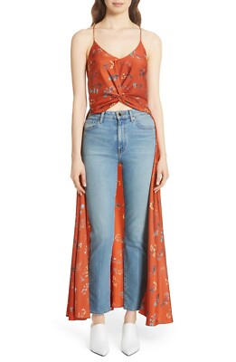 CAROLINE CONSTAS Orange Floral Print Silk Crop Twist Tank Cape Duster Maxi XS 2