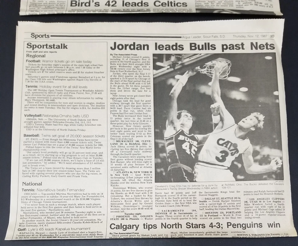 MICHAEL JORDAN 1987 sección deportiva 2 páginas ARGUS LEADER jueves 12 de noviembre Chicago Bulls Foto 4 de 4
