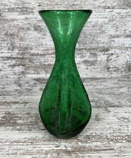 Gorgeous Emerald Green Crackle Art Glass Vase Square Pinched Body