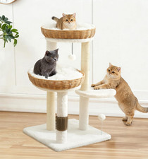 32In PE Rattan Cat Tree Tower, 2 Large Handwoven Nest Baskets with Soft Cushions