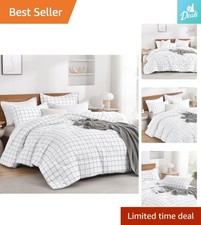 Elegant Gingham Plaid White Comforter Set - Full Size 3 Piece Bedding 79x90