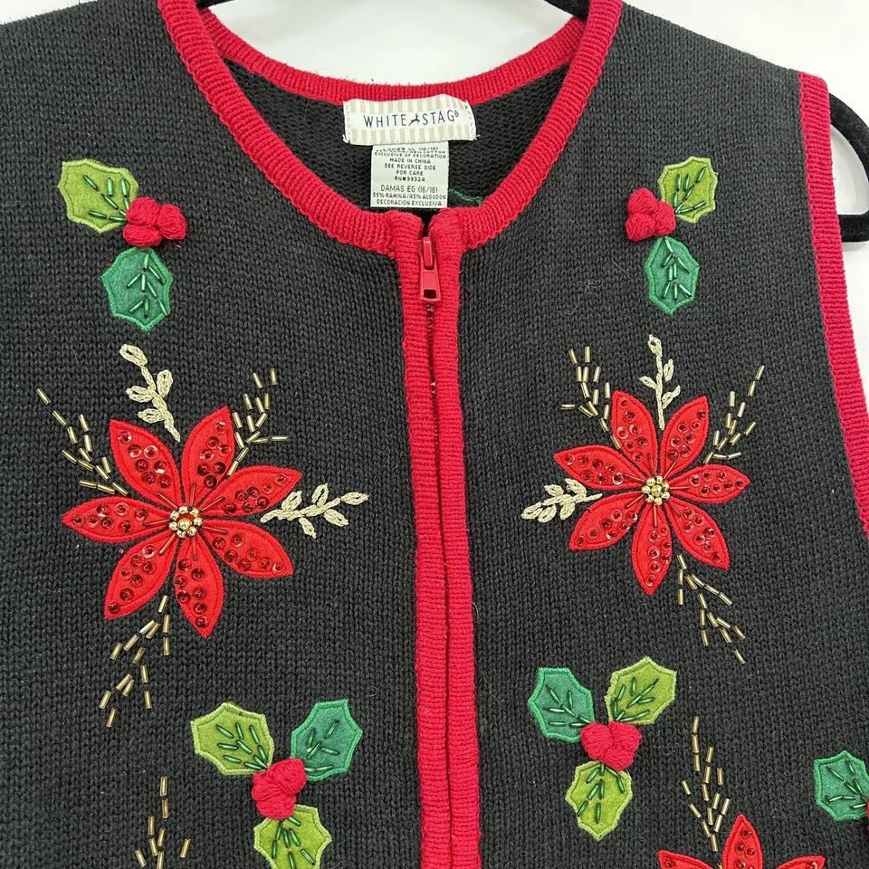 Chaleco Suéter Vintage Blanco Ciervo Mujer Navidad Navidad Poinsettia Talla XL Negro Rojo Foto 3 de 4