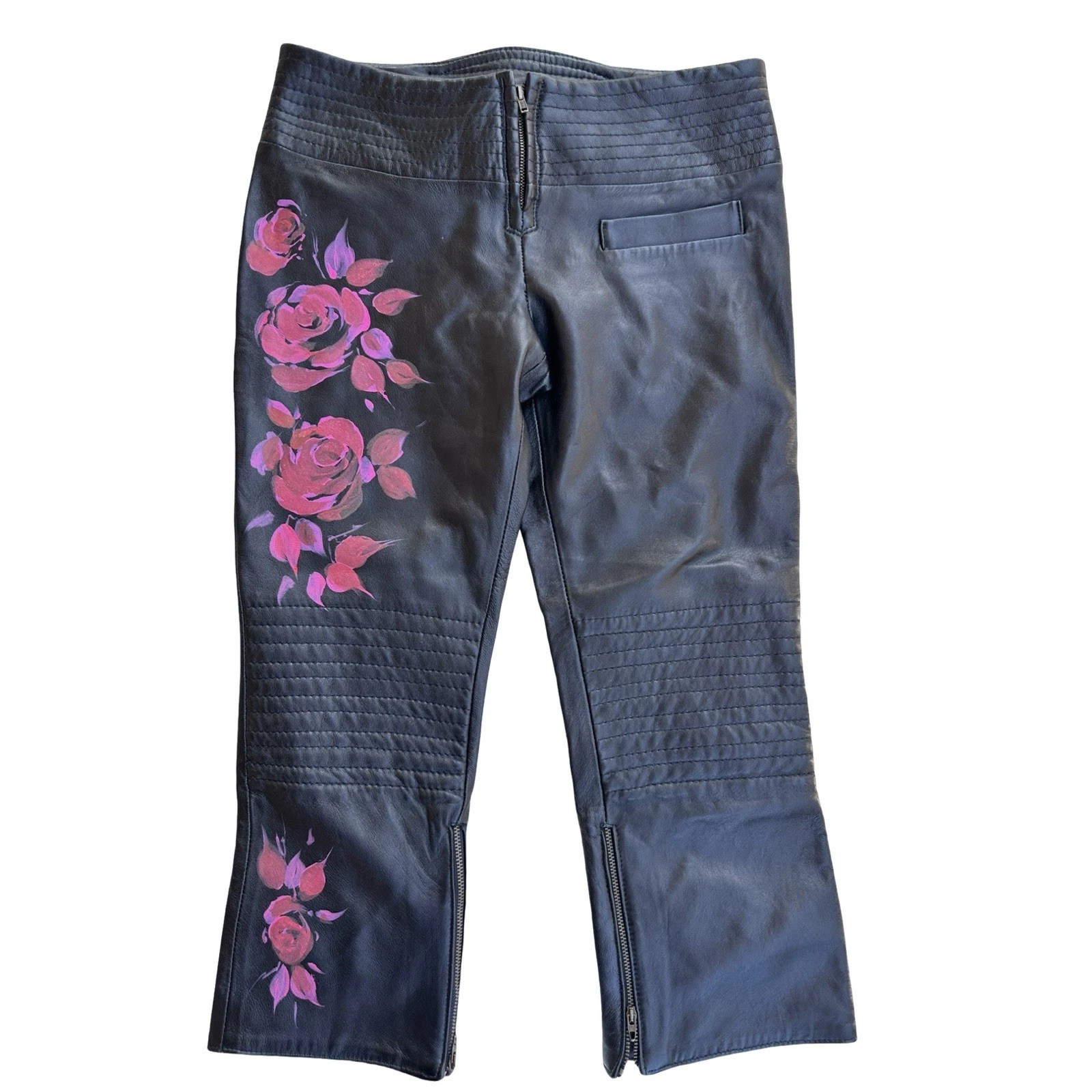 VTG Rare Italian leather moto Capri Pants Hand Painted Flowers NWT Biker Retro