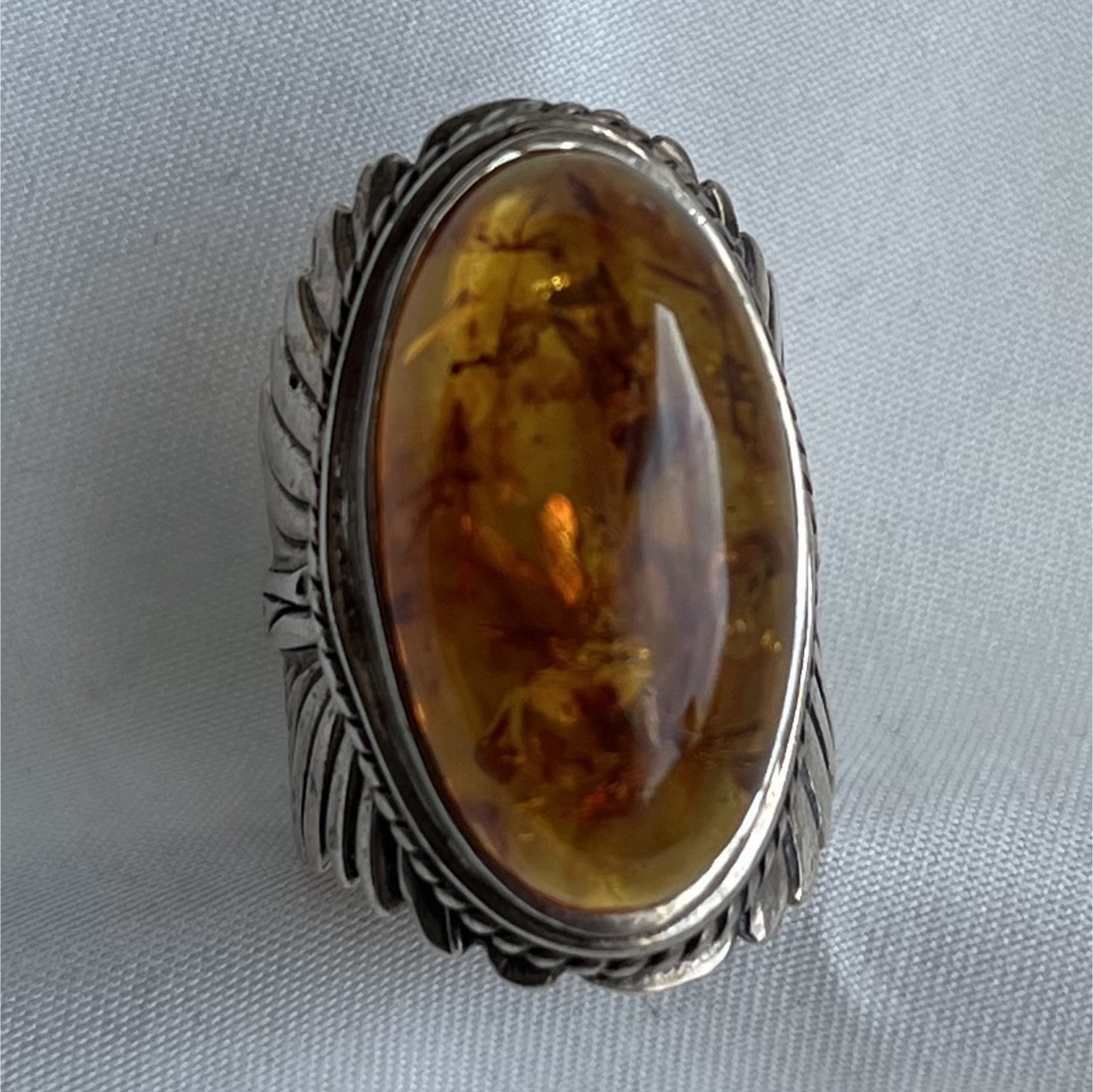 Sterling Silver Oval Amber Statement Ring Bezel S… - image 1