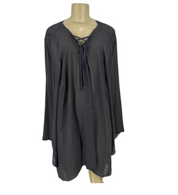 Torrid Plus Size 3X Women Grey Seni Sheer Tunic Blouse Lace Up V-neck 52-9