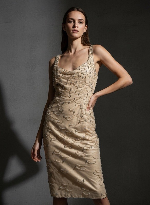Vintage 80s Badgley Mischka Original Silk Beaded Runway Dress XS Couture