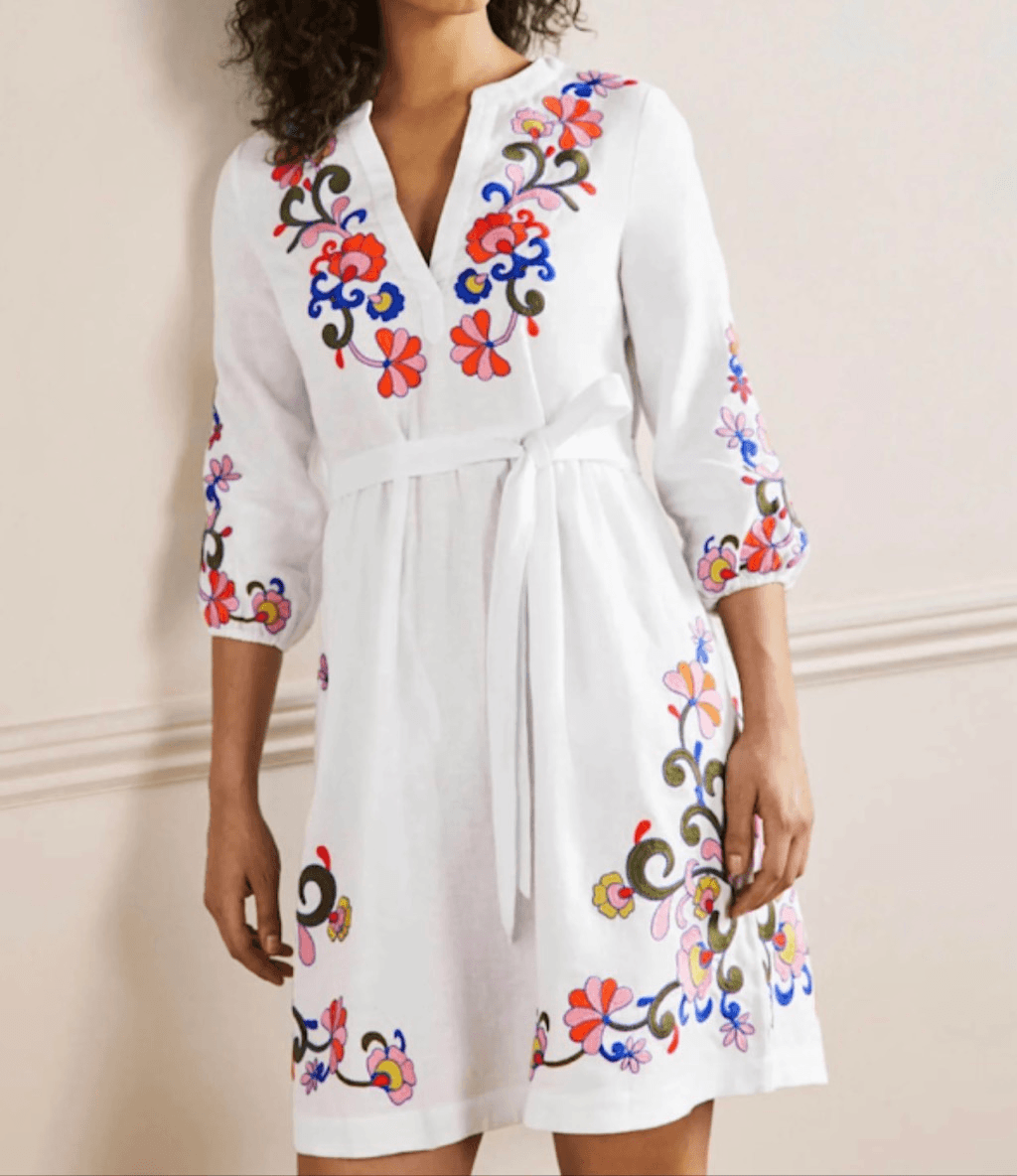 Boden 100% linen floral embroidered white notch neck dress 6