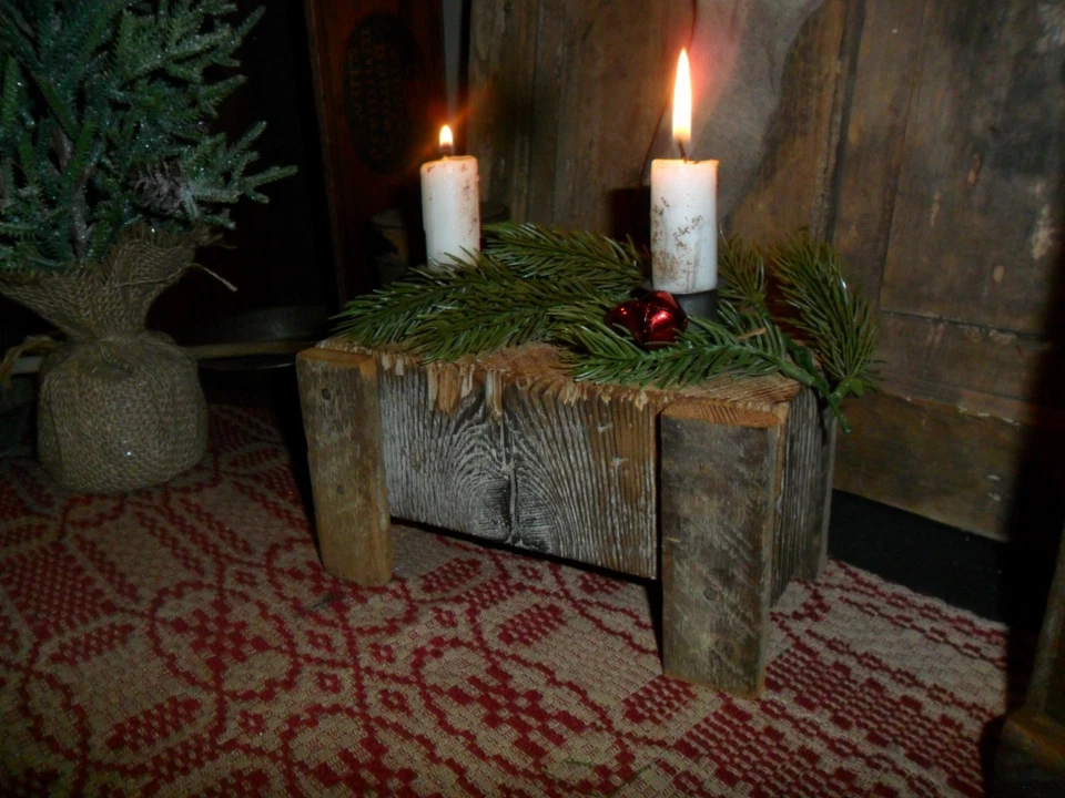 Primitive Old Chopping Block, Rustic Candle Light w/ Christmas Greens & Bells - Image 4 of 4