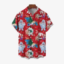 Christmas Holiday Red Mens Hawaiian Shirt Elk Cartoon Abominable Snow Monster Sh