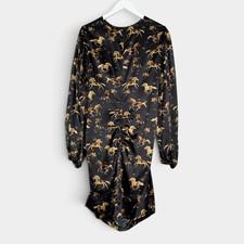 Ganni Black & Gold Horse Print Stretch Silk Midi Dress EU44  AU12-14 [NEW]