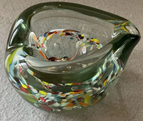 Vintage Murano Style Art Glass Light Green Bowl Ashtray Controlled Bubbles
