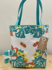 NEW Vintage Aqua & Orange Floral Cotton Tablecloth Market Tote Gift Bag 1960'S 