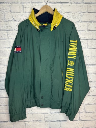 Vintage Tommy Hilfiger Jacket Mens Large Green Hooded Windbreaker Spellout 90s by Tommy Hilfiger, Size L, $49.95