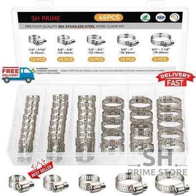 45PCS Adjustable Hose Clamps Worm Gear Clip Stainless Steel Clamp Assortment Kit