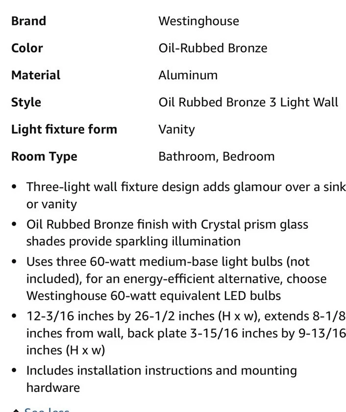 Westinghouse Sophie 3 光油磨青铜梳妆灯 6337900 — 第 3/4 张图片