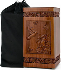 Engraved Wooden Cremation Urn for Human Ashes Hummingbird Design Decorative Fune