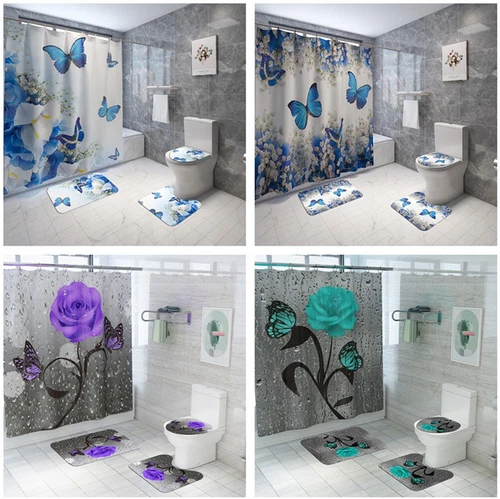 4Pcs/Set Butterfly Rose Waterproof Shower Curtain Toilet Lid Cover Bathroom Mat - Bild 1 von 36