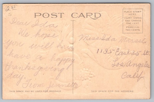 Postcard: Thanksgiving, Embossed, Gilt Border, Ser. 608, Divided, Partly Posted - Picture 2 of 2