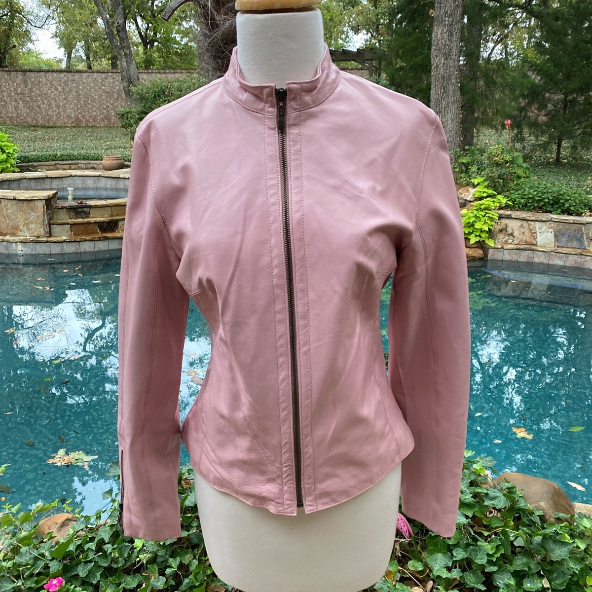 Small Genuine Powder Puff Pink Leather Moto Jacket Lined Motorcycle