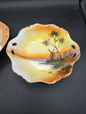 Noritake Hand Painted Handled Bowl Windmill by the Lake at Sunset Trinket Dish