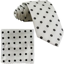 New Brand Q Men's Polyester Necktie Pocket Square Hankie Polka White Gray Dots
