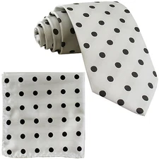 New Brand Q Men's Polyester Necktie & Pocket Square Hankie Polka White_Gray Dots