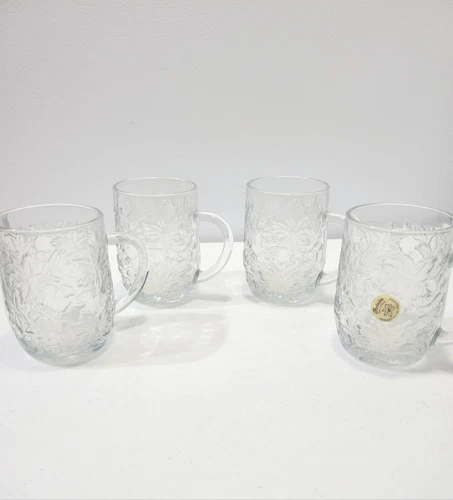 New Princess House Fantasia 516 Poinsettia 9 Oz. Glass Mugs in Box Set of 4 