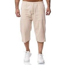 Men Linen Shorts 3/4 Pants Crop Capri Trousers Pocket Elastic Waist Ethnic Loose