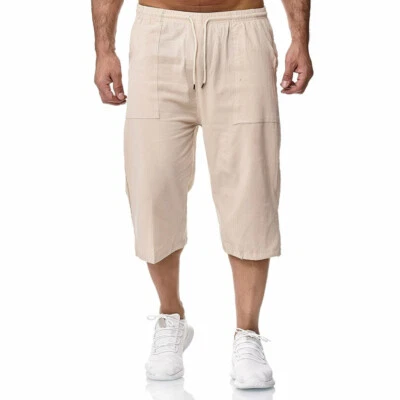 Herren Leinen Shorts 3/4 Hose Gekürzt Capri Locker Taschen Gummibund Ethnisch - Bild 1 von 4