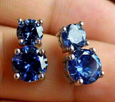 2.50Ct Round Cut Blue Sapphire Two Stone Stud Earring 14K White Gold Plated