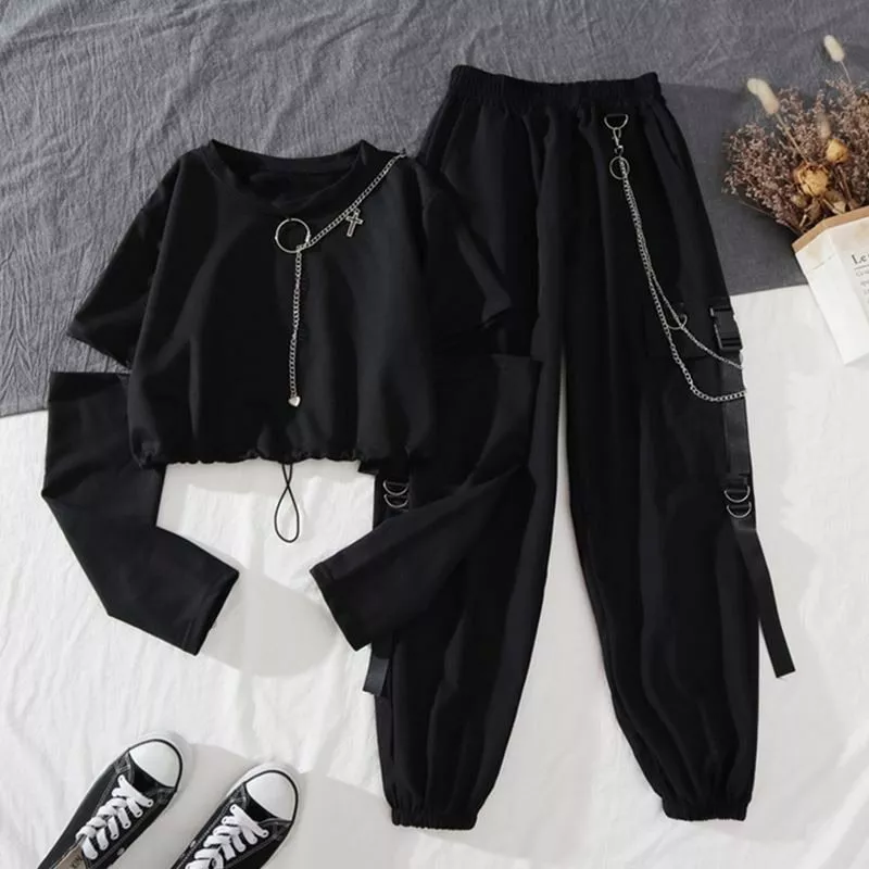 Women Girl Gothic Harajuku Cargo Pants Crop Top Casual Loose Cool Wear  Summer