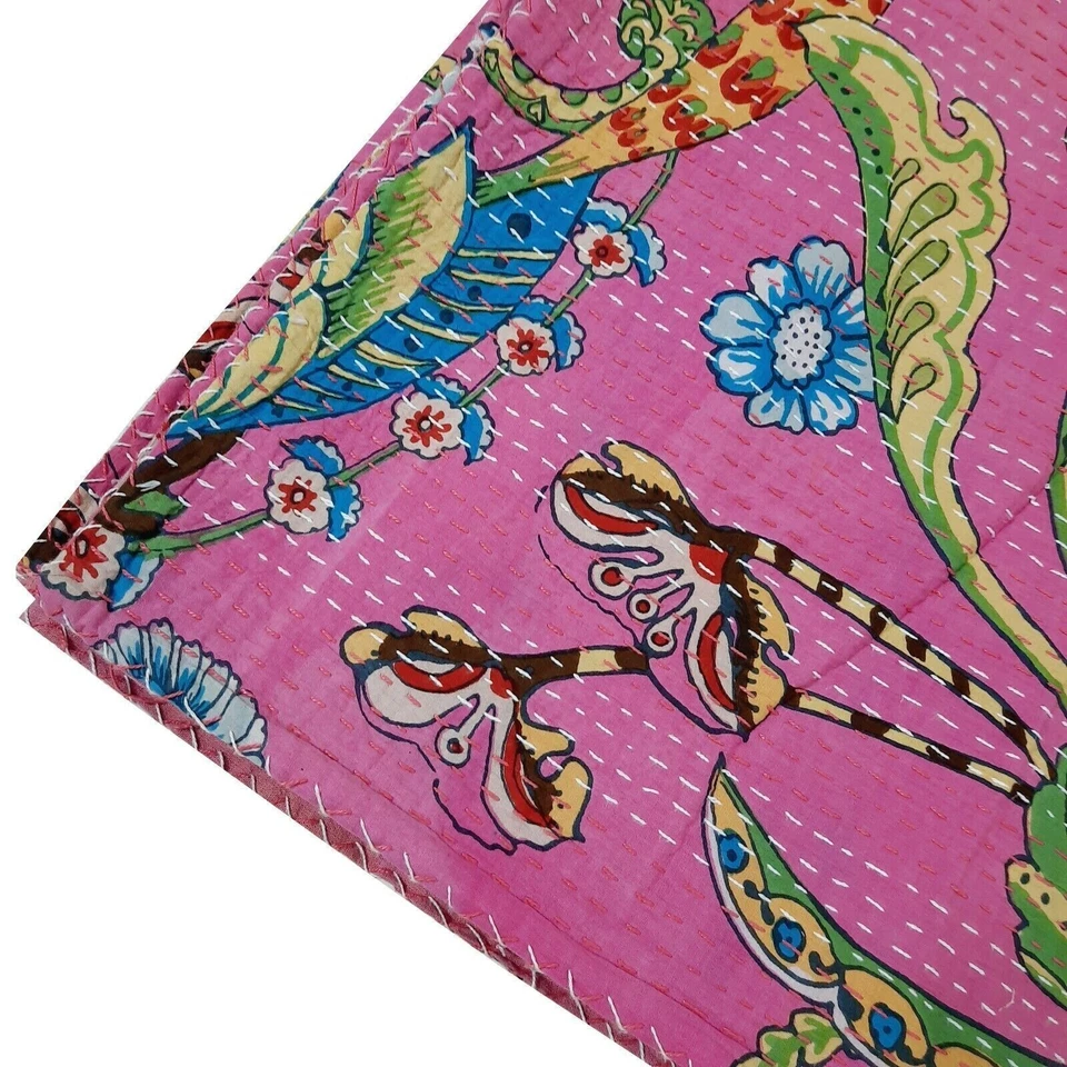 Indian Kantha Peacock Quilt Bedspread Bohemian Nature Throw Blanket Bedding Art - Image 3 of 4