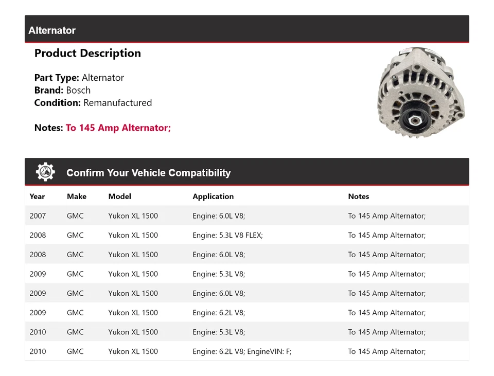 For 2007-2010 GMC Yukon XL 1500 Bosch Alternator (Remanufactured) 2008 2009 - Image 2 of 4