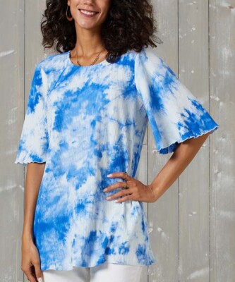 1X NWT Women's Suzanne Betro Weekend Blue & White Tie Dye Tie Back Cape Slv Top