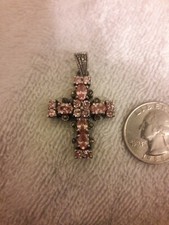 1 Vintage sterling silver cross religious pendant jewelry pink stones pre-owned!