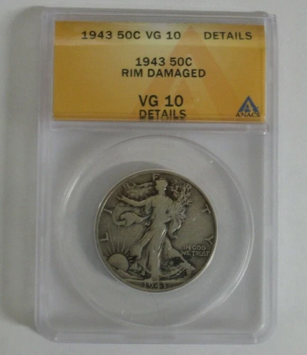1943 Silver Walking Liberty Half Dollar VG 10 ANACS (7) (RIM DAMAGED)