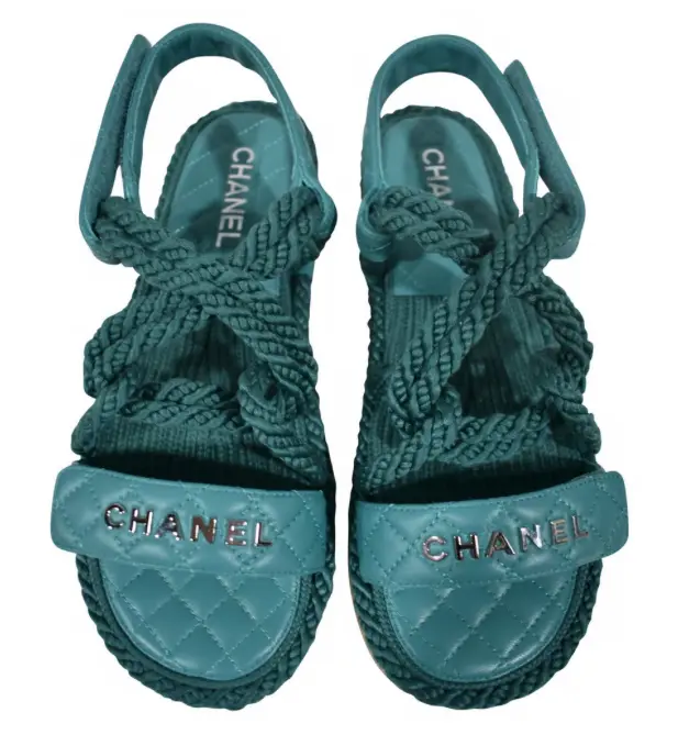 Chanel 21S Dad Green Blue Cord Rope CC Quilted Mule Ankle Strap Sandal Flat  40