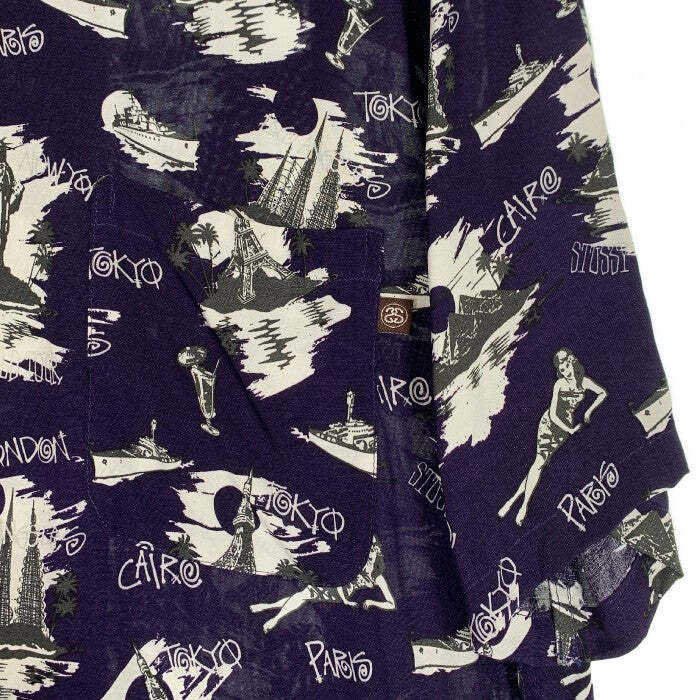Stussy All Pattern Print Open Collar Rayon Shirt Navy Size XL Used 