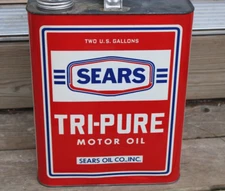 NEAR MINT * 1950s era SEARS OIL CO. TRI-PURE MOTOR OIL Old 2 gal. Tin Can