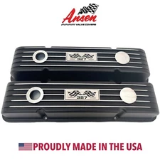 Small Block Chevy 327 Flag Logo Black Valve Covers, Classic Finned - Ansen USA
