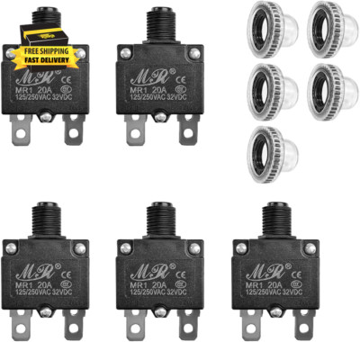 5 PCS , 125/250V AC 32V DC 20A Circuit Breaker with Manual Reset Push Button, Ov