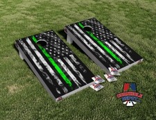 American Flag Smoky Black White Thin Green Line Cornhole Board Vinyl Wrap Set