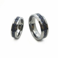 Men 8MM"  Ladies 6MM Tungsten Carbide Wedding Band Ring Set Blue Carbon Fiber
