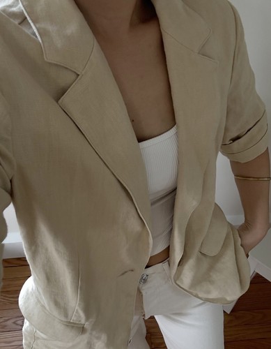 Cabi 100% Linen Short Sleeve Bisque Color Safari So Good Blazer Jacket Size M - Picture 10 of 14