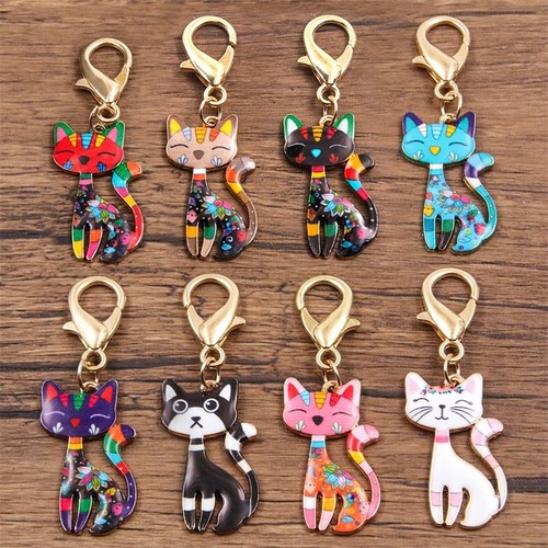 8pcs Colorful Cat Charms, Alloy Enamel Pendants with Lobster Buckle for Diy Jewe