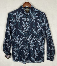 Ted Baker Button Up Shirt Men's Size 16 / 40.5 Navy Modern Fit Leafs Long Sleeve